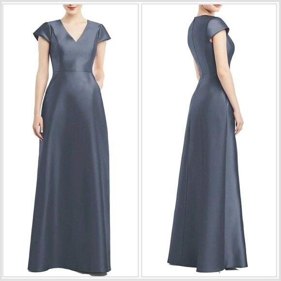 Alfred Sung Sateen Twill Cap Sleeve Dress 8 Gown Silverstone Gray V-Neck NWT B3 - Picture 1 of 6